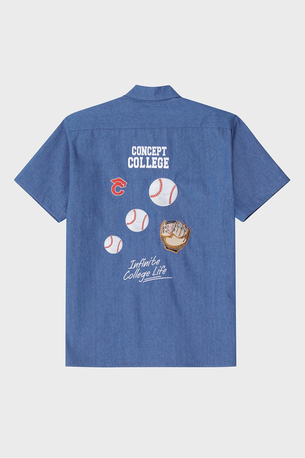 Baseball Grand Embroidery Short-Sleeved Denim Shirt (BLUE) RICHEZ